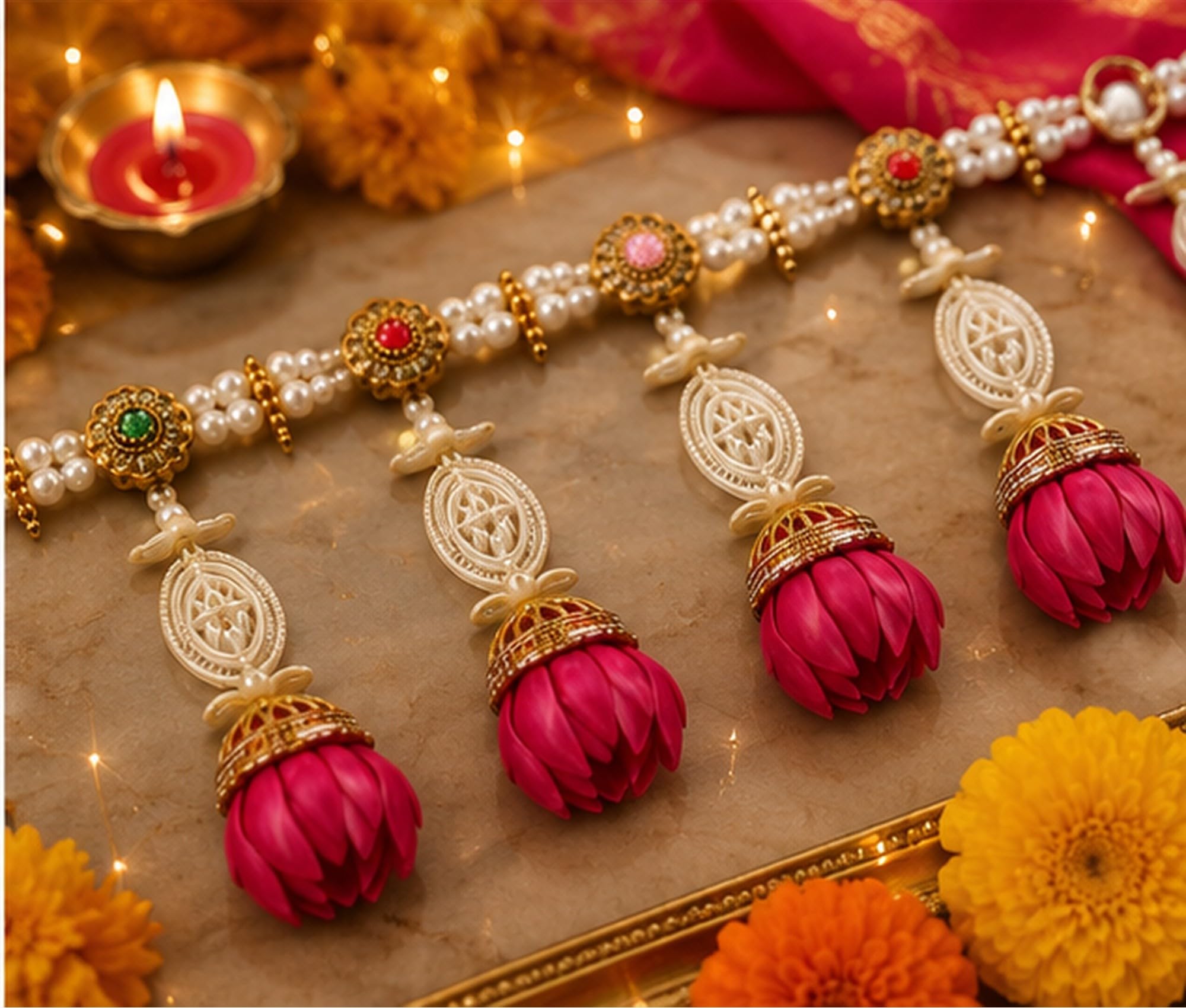 Kanha Crafts Handmade Artificial Flower Toran Bandhanwar for Main Door, Traditional Indian Door Hanging Decoration with Pearls & Pink Flowers, Diwali Pooja Festive Home Decor, Ganpati Decoration