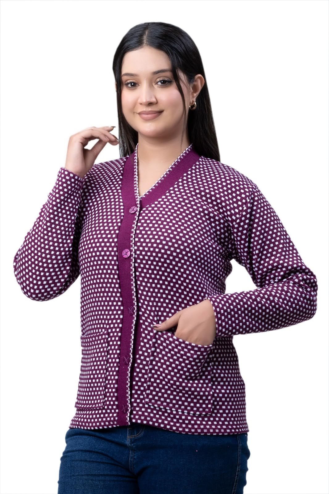 woolvella Women Dotted Print Sweater Cardigan Winter Wear V Neck Full Sleeves Stylish Women Cardigan Sweater (Purple)-picture-28