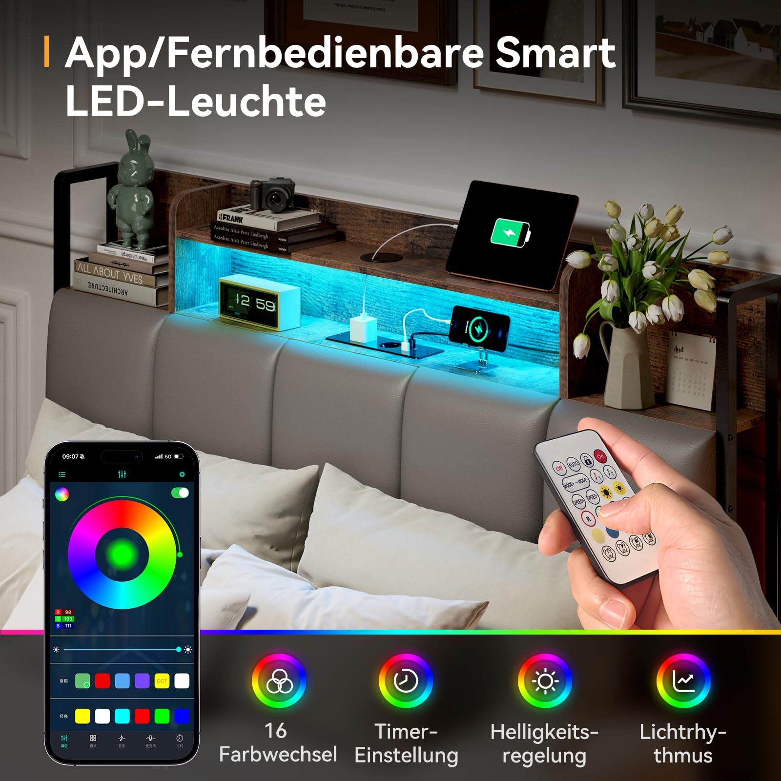 ODK Bett 140x200, Bettgestell mit 2 Schubladen, Betten 140x200 mit Stauraum, Kopfteil mit LED Beleuchtung & (Steckdose/USB), Metall Doppelbett
