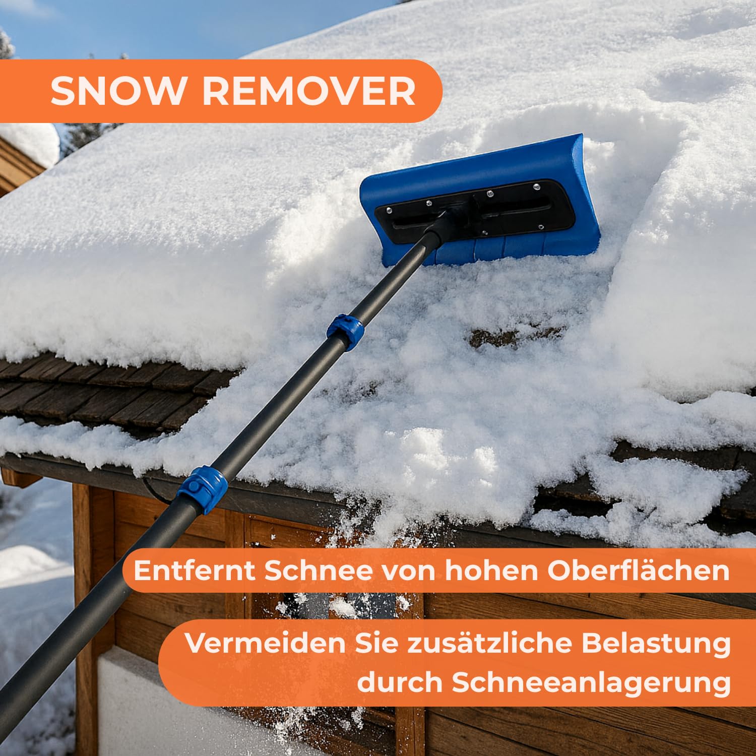 Aquascopic Aluminium Teleskopstange 8 m mit Schneeräumer & 5-Flächenbürste – Profi Set für sichere Schnee- & Schmutzentfernung auf Solaranlagen, Fenstern, Fassaden & Dächern
