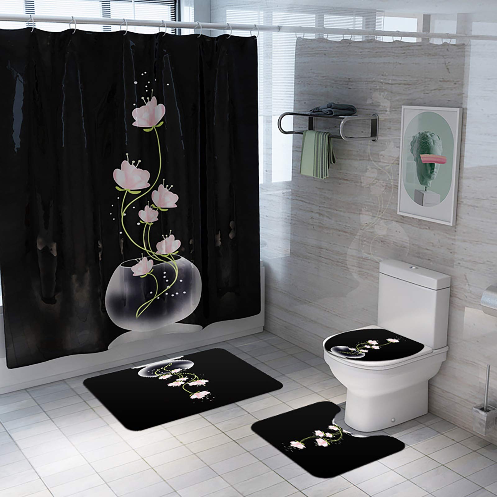 Rideau de douche lotus haut de gamme avec tapis antidérapants assortis