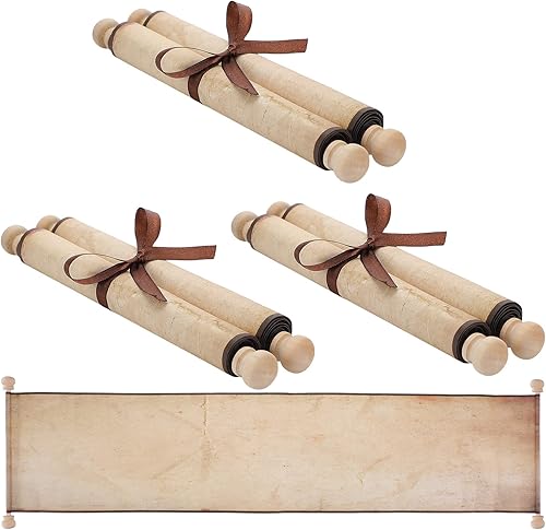 3 piezas de rollo vintage de papel en blanco de 7.5 x 30 a 32 pulgadas en barras de madera, papel de desplazamiento largo envejecido, rollo en