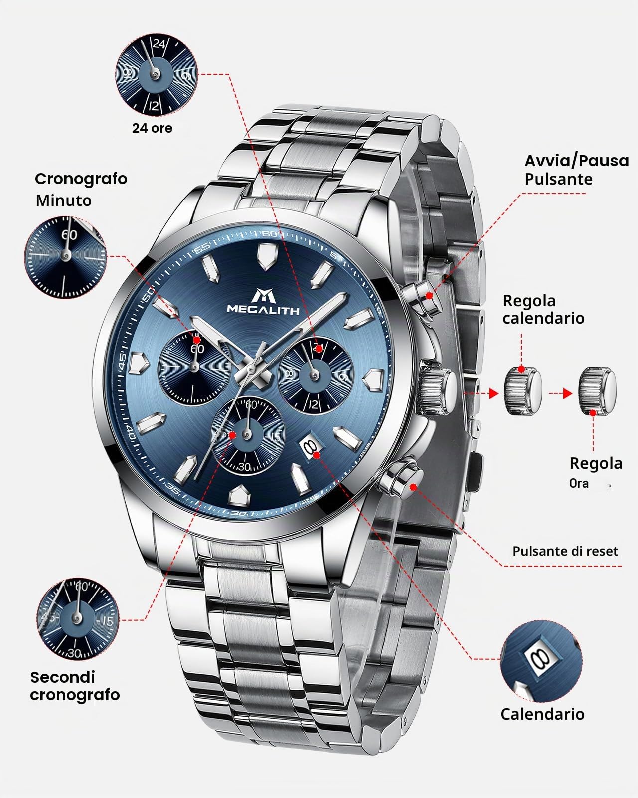 MEGALITH Orologio Uomo Acciaio Inossidabile: Impermeabile Analogico Cronografo Orologi con Fecha Luminosa - Regalo Anniversario Compleanno per Affari Lavoro Uomo