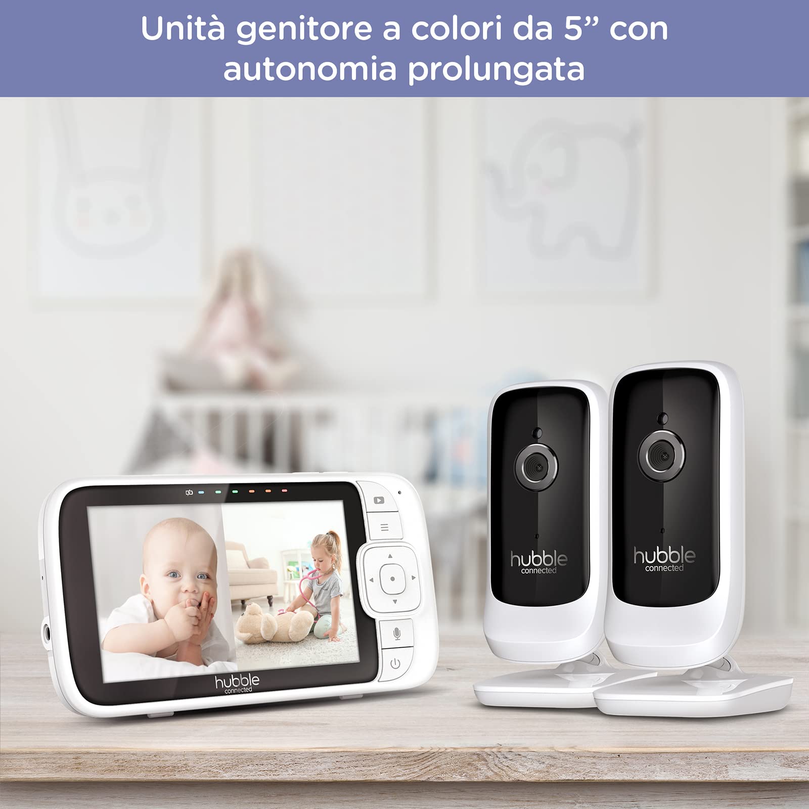 Hubble Connected Nursery View Premium Twin Baby Monitor 2 Cameras with 5" Screen, Infrared Night Vision, Split Screen, Digital Zoom and Room Temperature Sensor