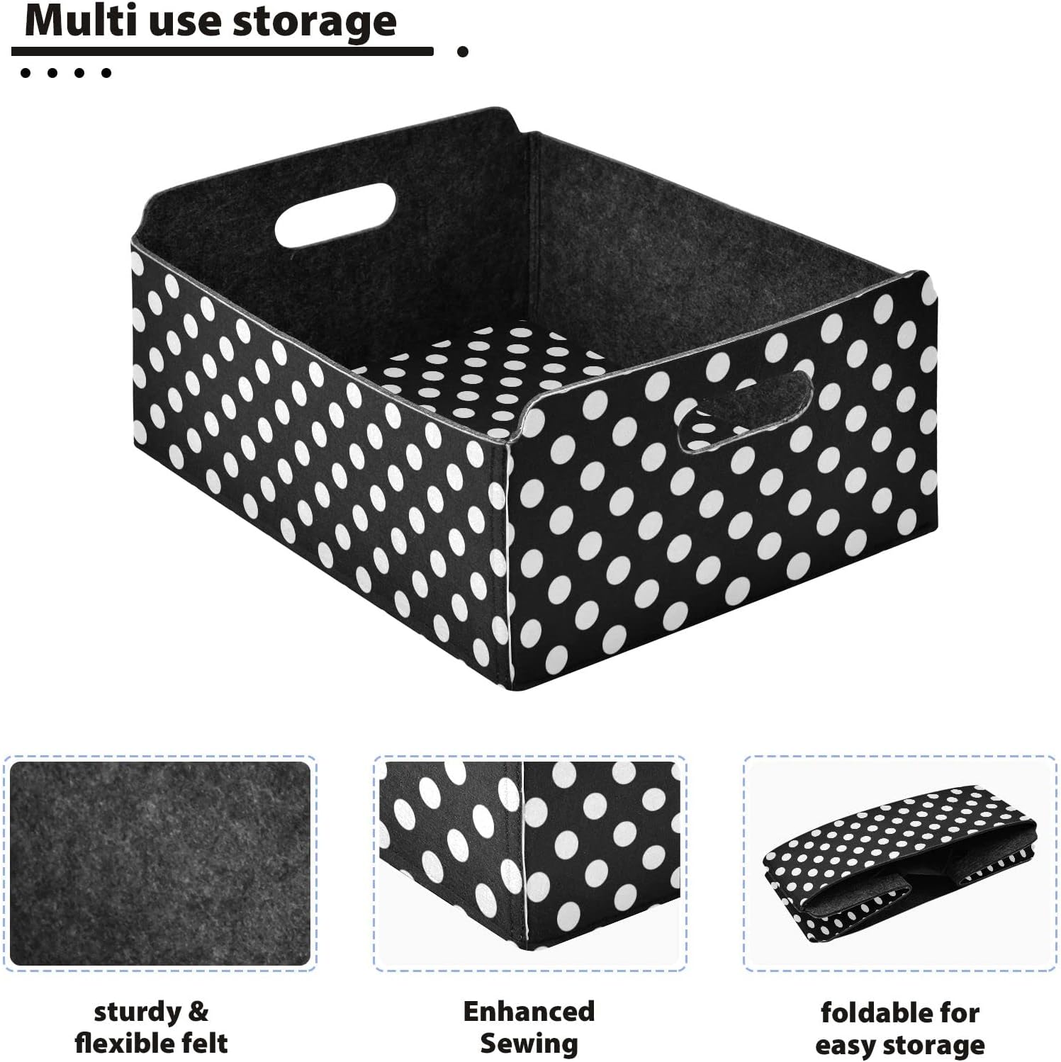 CaTaKu Foldable Storage Basket Polka Dot Black and White Collapsible Felt Storage Bins with Handle Drawer Organizer Bin Cube Shelf Box for Organizing Closet Clothes Office Books Bedroom