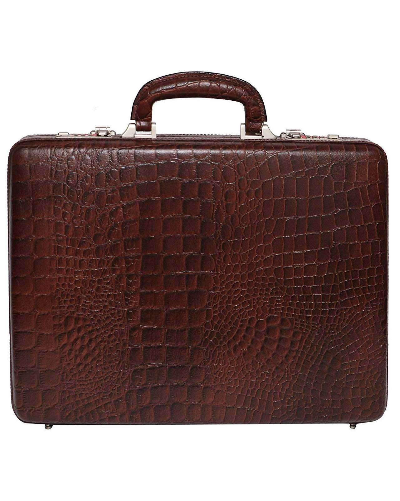 Leather Briefcase for Men | Hifly Brown Croc Leather Expandable Briefcase Bag Cum Office File Bag with 3 Digit Combo Locking Features & Inner Mesh Pocket for Office Use-image-1