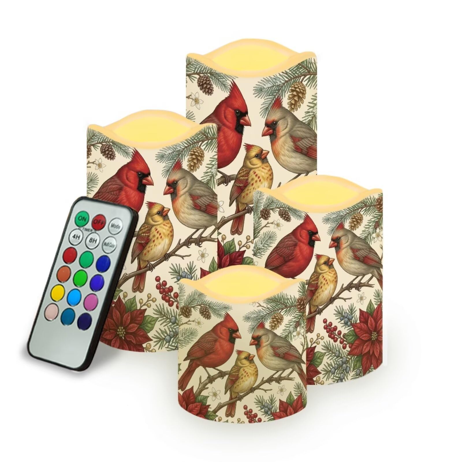 Cardinal Holly Color Changing Electric Candles, 4 Pack
