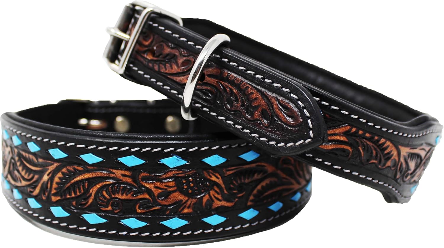 XSmall 9''- 13'' Turquoise Buckstitch Tooled Leather Padded Dog Collar 60FK70