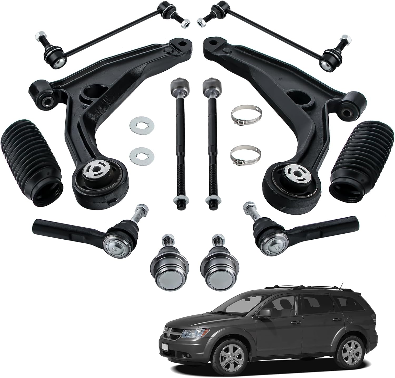 maXpeedingrods 12Pc Front Suspension Kit for Dodge Journey 2009-2015, 2 Lower Control Arms 2 Lower Ball Joints 2 Sway Bar End Links 4 Outer Inner Tie Rod Ends 2 Boots