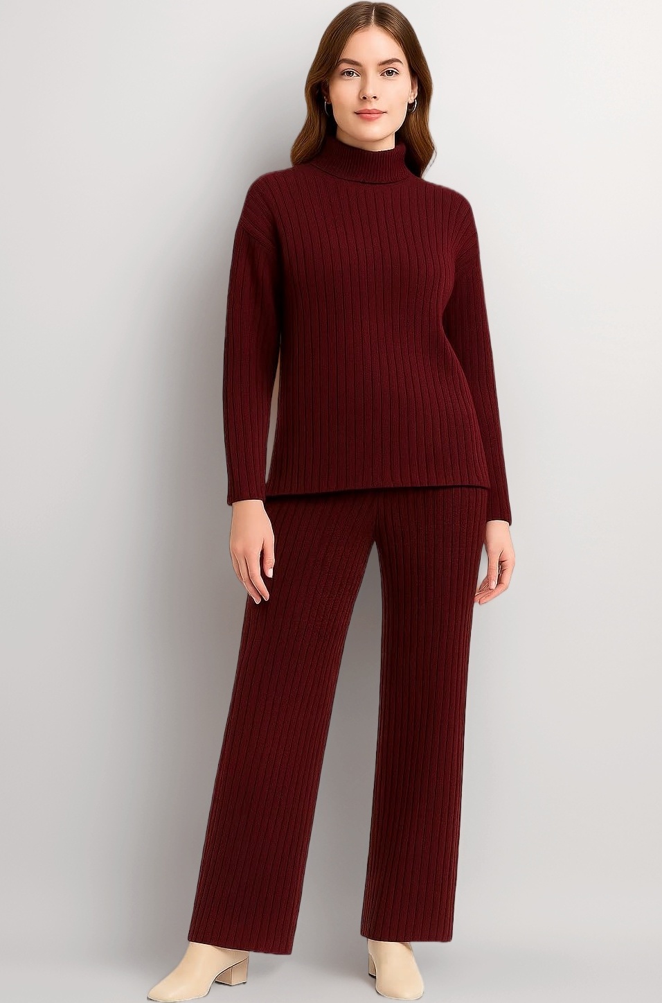 Women Winter Coord Set Wool Blend High Neck Sweater and Wide Leg Pants Warm Tracksuit Pajama Set Two Piece Knitwear Travel Wear for Lounge Casual Office