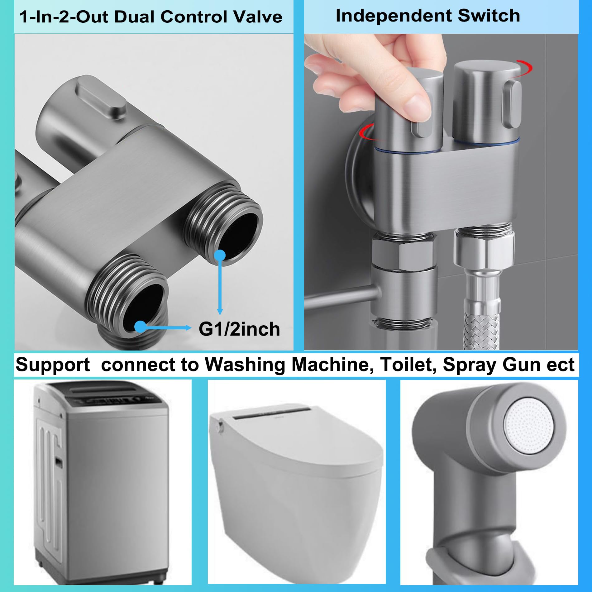 Juego de rociadores de bidé, ducha portátil, accesorio de bidé para inodoro del Reino Unido, ducha de bidé con manguera extensible de 2 m y pulverizador de válvula de control doble (Grey-T)