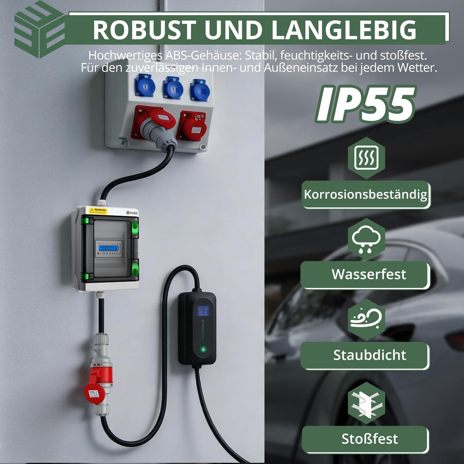 EYPINS Digitaler Stromzähler CEE Steckdose 16A 400V, IP55 Drehstromzähler mit Reset-Funktion, Energiekostenmessgerät mit 16A CEE Stecker & Kupplung für Caravan, Elektroauto