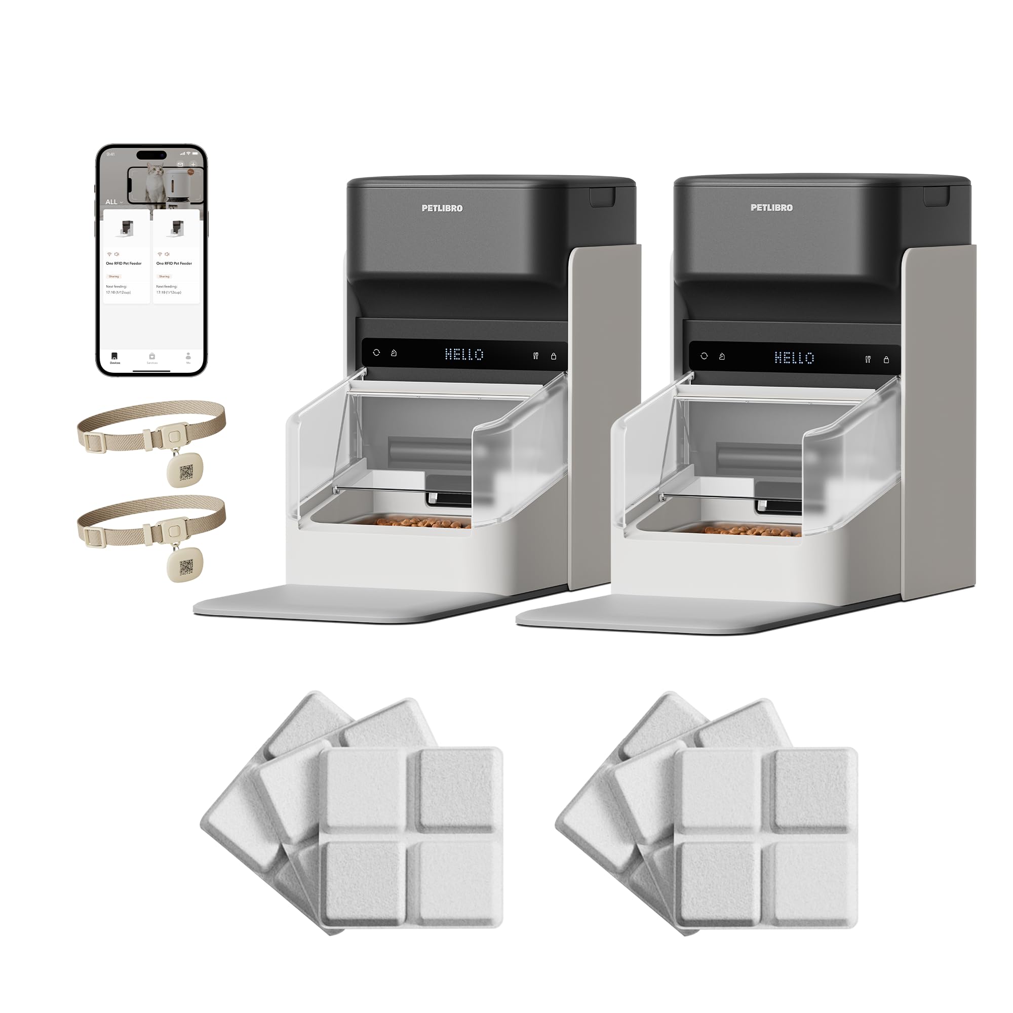 PETLIBRO RFID Automatic Cat Feeder 2 Packs with Pet Food Desiccant Bag 12 Packs, Wi-Fi Programmable Cat Food Dispenser with Collar Sensor for Personalized Meals, Suitable for Multi-pet households