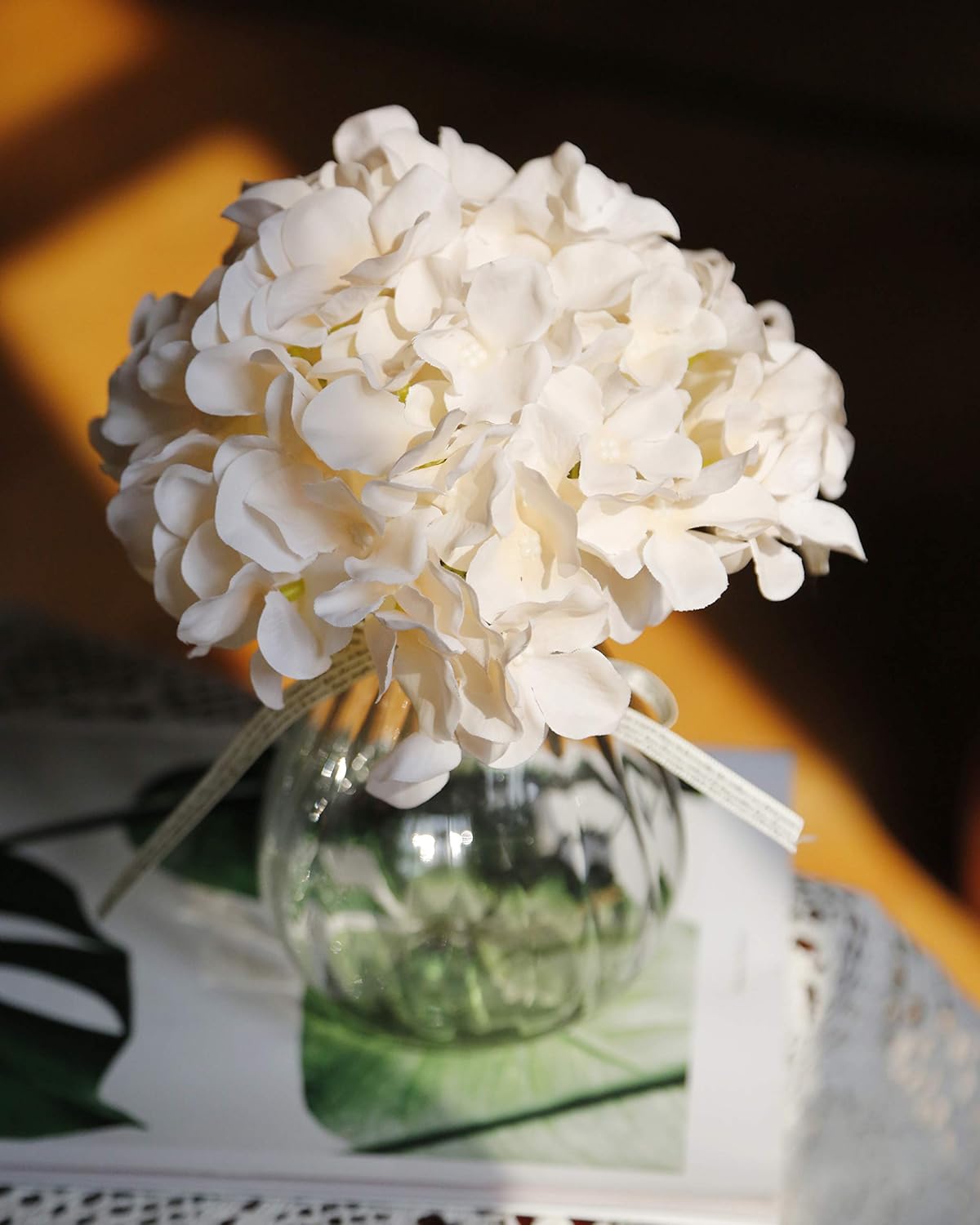 DuHouse Hydrangea Silk Flowers Large Artificial Flowers with Stem Fake Champagne Flower Heads for Wedding Centerpiece Home Decor Pack of 6 - Image 5