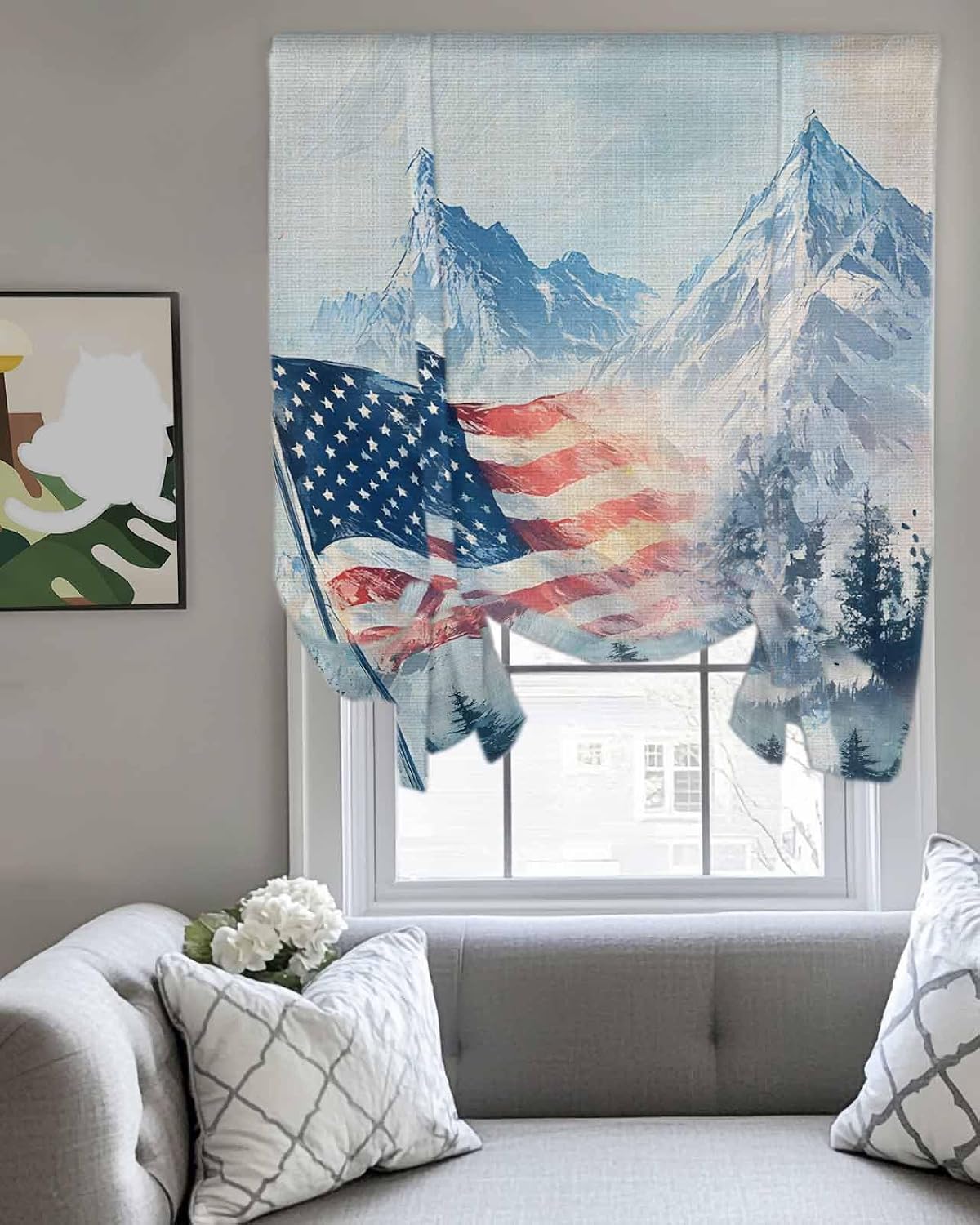 Tie Up Curtains for Windows American Flag Mountain Forest Rod Pocket Tie-Up Window Shade Adjustable Balloon Curtain Valance Abstract Memorial for Bedroom Kitchen Bathroom Blinds, 34x45in