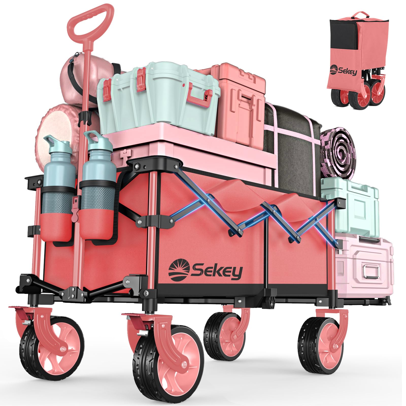 Sekey Carro Plegable con Ruedas y Portón Trasero Expandible 135L & 200L, Carrito Playa Carro para Playa con Ruedas Grandes Plegable en 4 Direcciones 150KG SE4019, Rosa-Negro