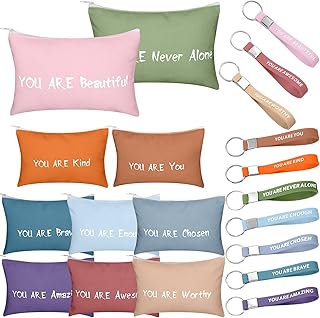20 Pcs Inspirational Gifts Appreciation Gifts for Women 10 Inspirational Canvas Cosmetic Bags Appreciation Makeup Pouch 10 Motivational Quote Keychains for Women Sister Teacher Employee