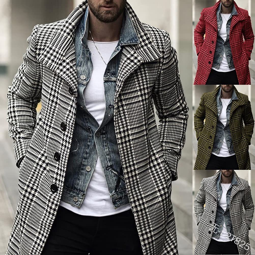 Onsoyours Mantel Herren Slim Fit Lang Wollmantel Business Trenchcoat Plaid Wintermantel Parka Outwear Winter Jacke