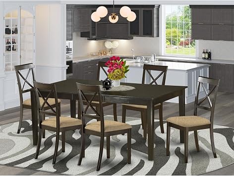HomeStock Dining Room Table Set with 6 Chairs - Solid Wood Kitchen Set - Cappuccino Finish - Expandable Leaf Table