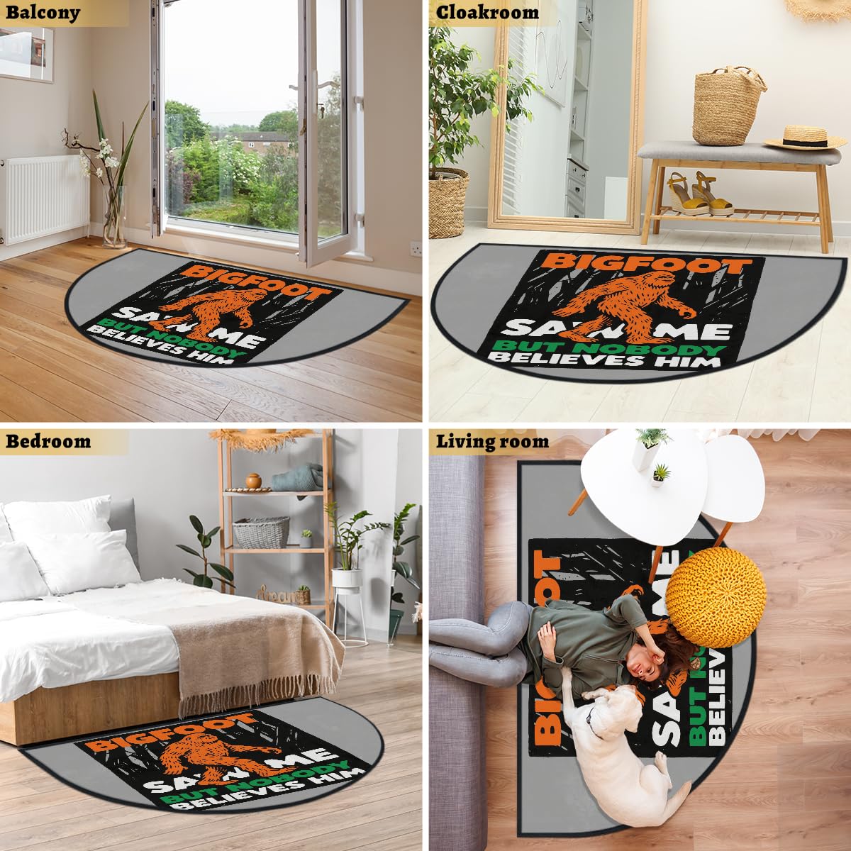 Bigfoot Sasquatch Saw Me große halbrunde Fußmatte – rutschfest, saugfähig, halbrund, Eingangsbereich, niedlich, weich, halbrund, waschbar, Teppich für Küche, Badezimmer, Schlafzimmer, 160 x