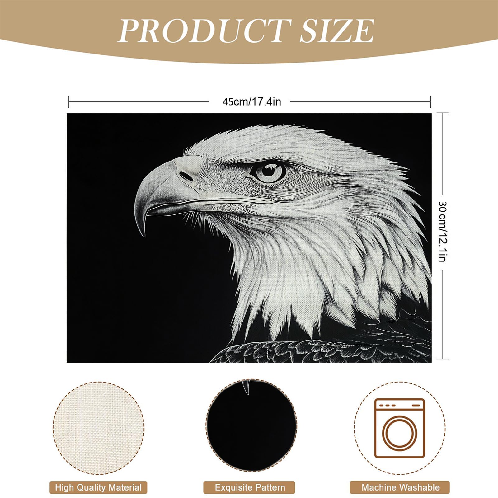 Tovaglietta Americana Animale in Cotone Lino Rettangolare - Tovagliette Set di 8 Testa d'aquila bianca e nera Resistente al Calore per La Cucina, Il L'Ufficio, 30 x 45cm