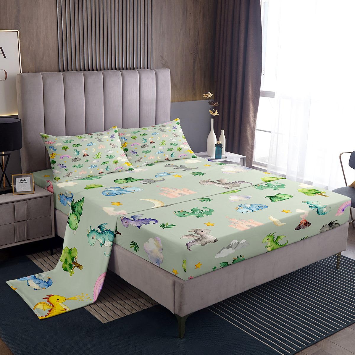Kids Baby Dragon Bedding King Size Animal 4 Pieces Sheet With 26 Inch Deep Pockets for Boys Girls Bedroom Decor Cartoon Wildlife Bed Sheets Set Soft Microfiber Women Men Green Gray With 2 Pillow Case