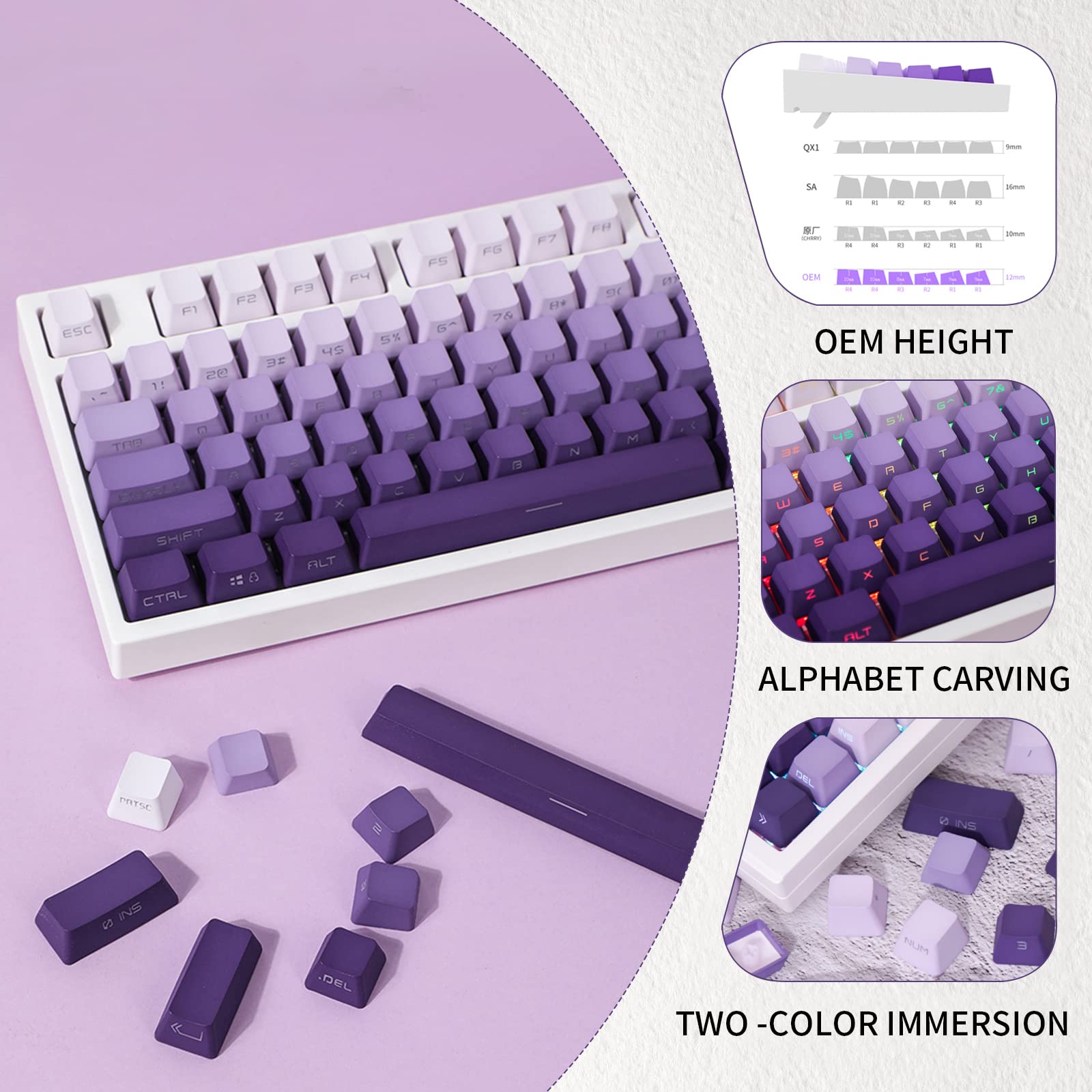 Touches Clavier Mécanique PBT Crystal Jelly - 113 Touches, Profil Cherry, Translucide Blanc, Rétroéclairage RGB