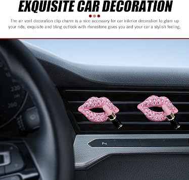 4 PCS Lip Car Air Vent Clip, Sexy Lips Lipstick Rhinestone Vent Decoration, Fashion Bling Air Conditioning Outlet Clips, Universal for Most Cars (Pink)