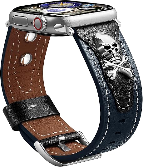 Leather Skull Band Compatible Apple Watch Brown Gold Women Men