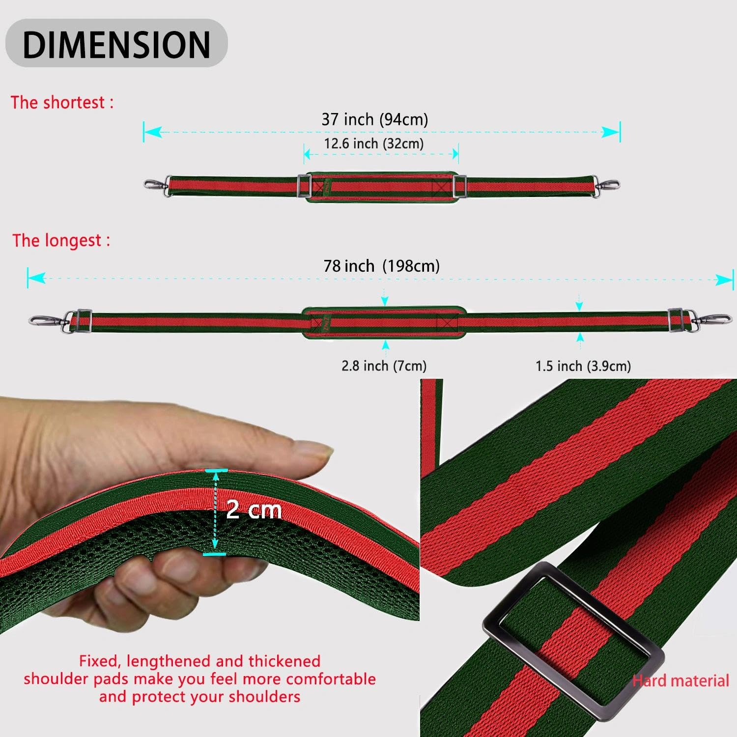 ZINZ 78" Tracolla Universale con Cuscino Ultra-Spesso, Fibie a Doppio Bilanciamento per Borsa da Viaggio/Laptop/Sportiva,Strisce-GrRdGr