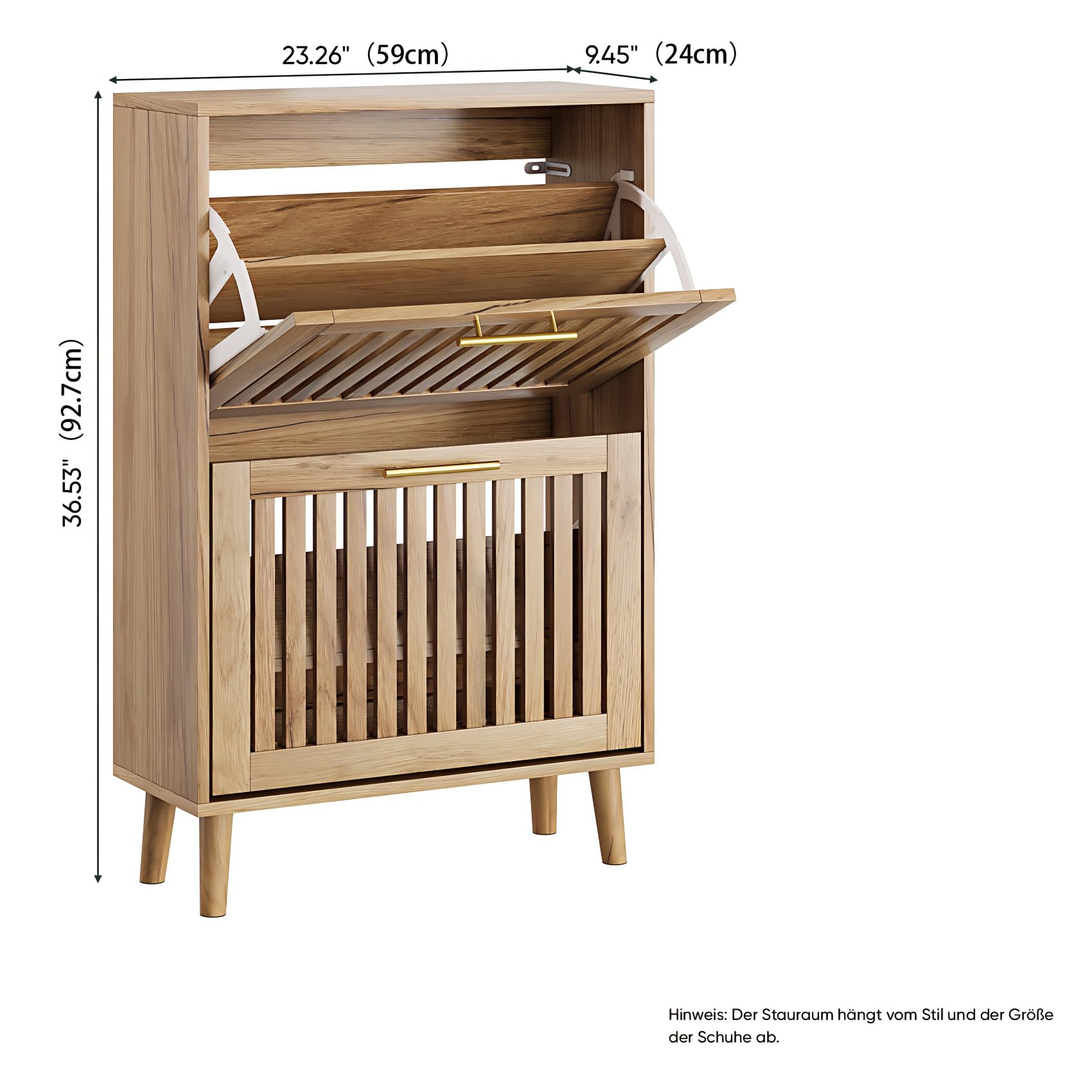 Smart FENDEE Schuhschrank mit 2 klappbaren Lattenschubladen, schmaler Schuhschrank aus Holz mit goldfarbenem Griff, versteckter Eingang, Schuh-Organizer für Flur, Foyer, Naturholz 60B cm