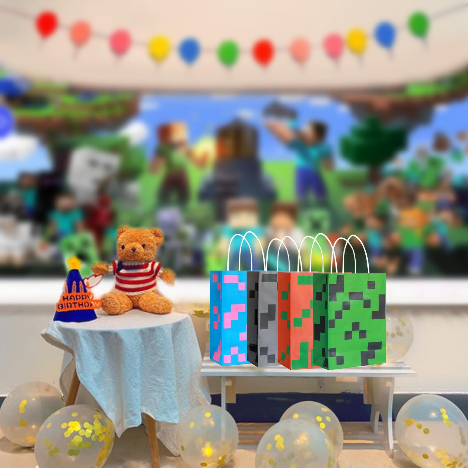 16PCS Pixel Party Favor Bags with Handle for Birthday, Gift Bags Goodie Bags Treat for Kids Birthday Party Decoration
