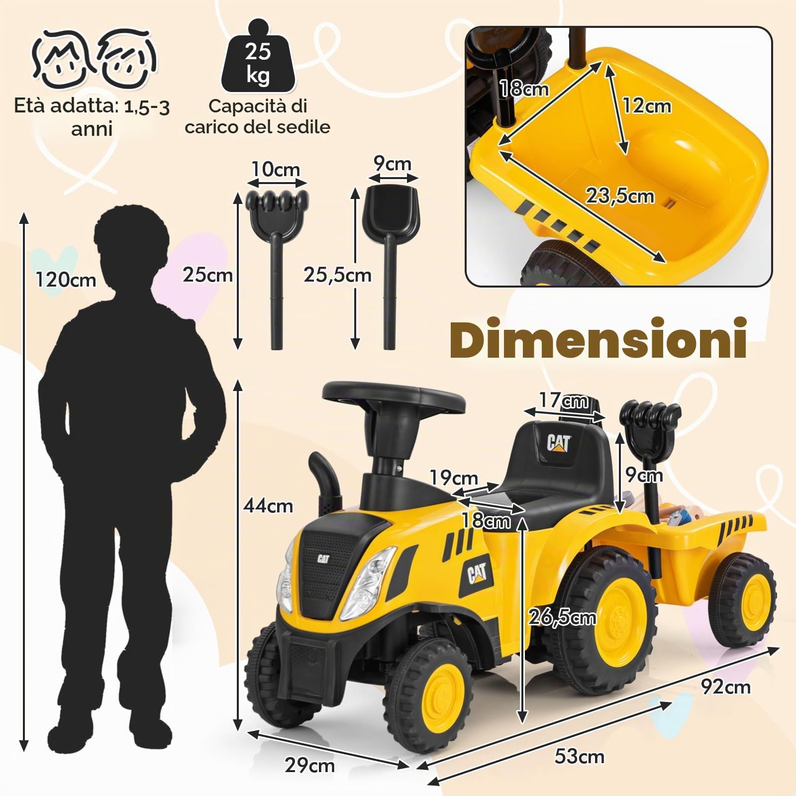FANTASK Trattore antiscivolo con pala e calcolo rimovibile, auto antiscivolo con rimorchio del clacson, veicolo con suono motore e luci a LED per bambini a partire da 1 anno