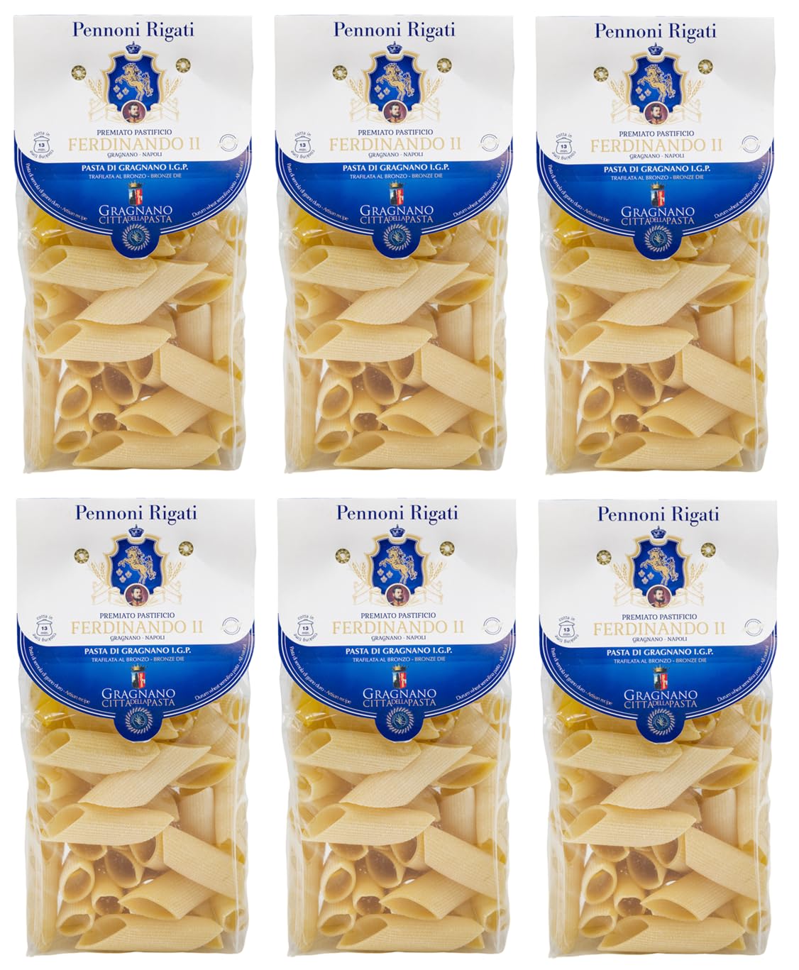 Pastificio Ferdinando II Pennoni Rigati Pasta di Gragnano I.G.P. Lot de 6 pâtes à la semoule de blé dur, 500 g