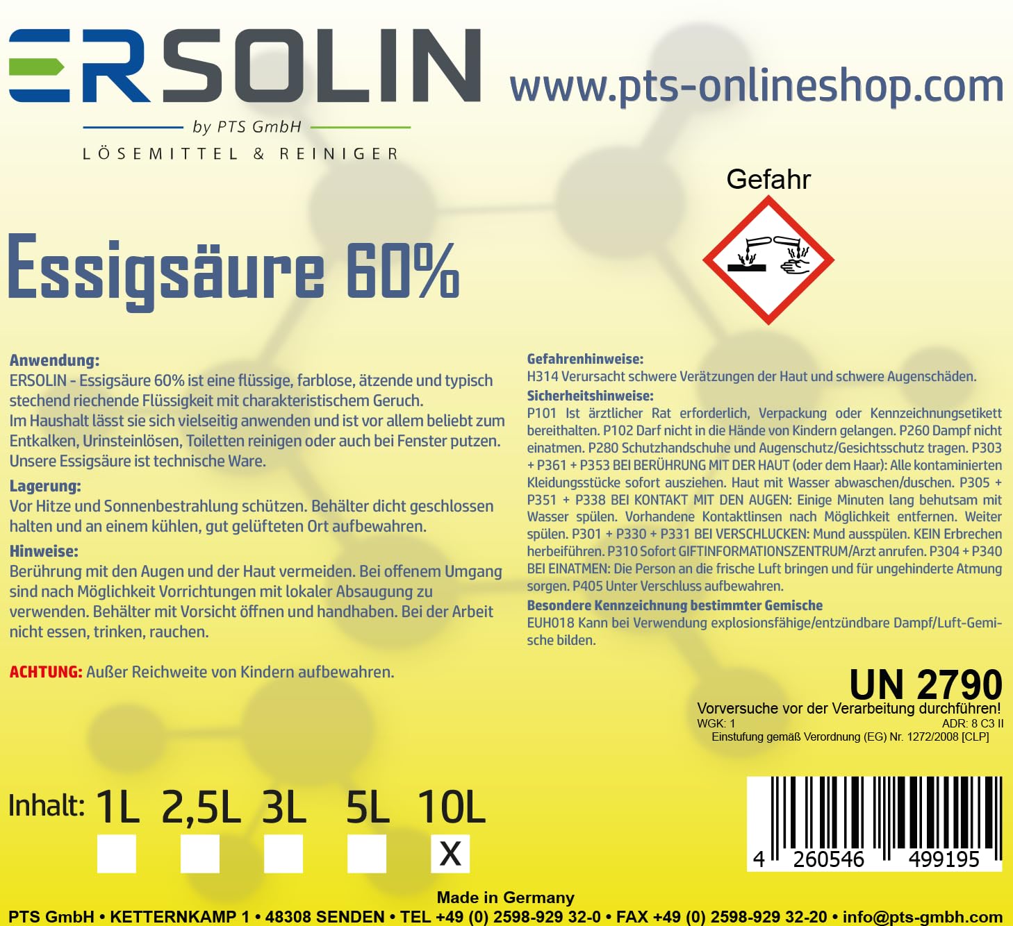 Acide acétique 60% 10 L Détartrant Nettoyant très économique également disponible en 1L, 3L, 5L