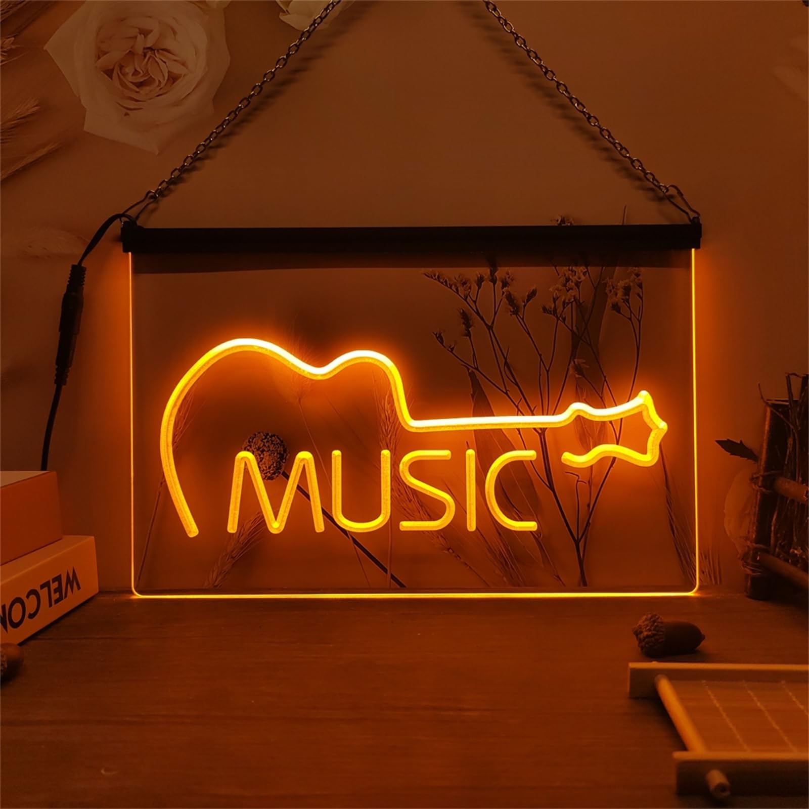 Guitar Music Neonowy szyld do dekoracji ścian – ściemniane neonowe światła LED z zasilaniem USB, idealne do studia muzycznego, pokoju transmisyjnego, baru lub na imprezę,Orange,60x40cm