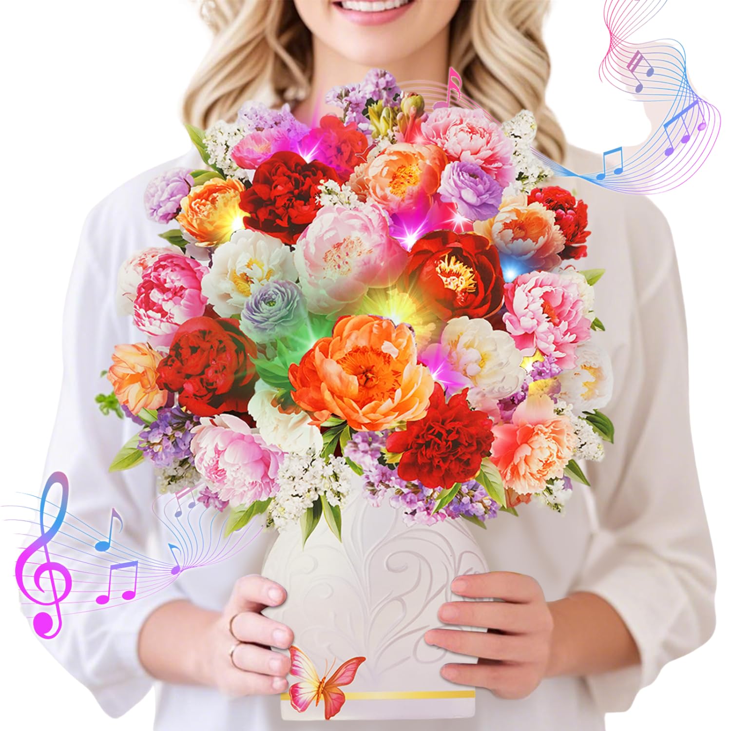 APOTODITO Mothers Day Card for Women, Flower Bouquet 3D Card, Mothers Day Gifts with Music and Light, Gifts for Mom, Women, Sister, Wife (Peony)