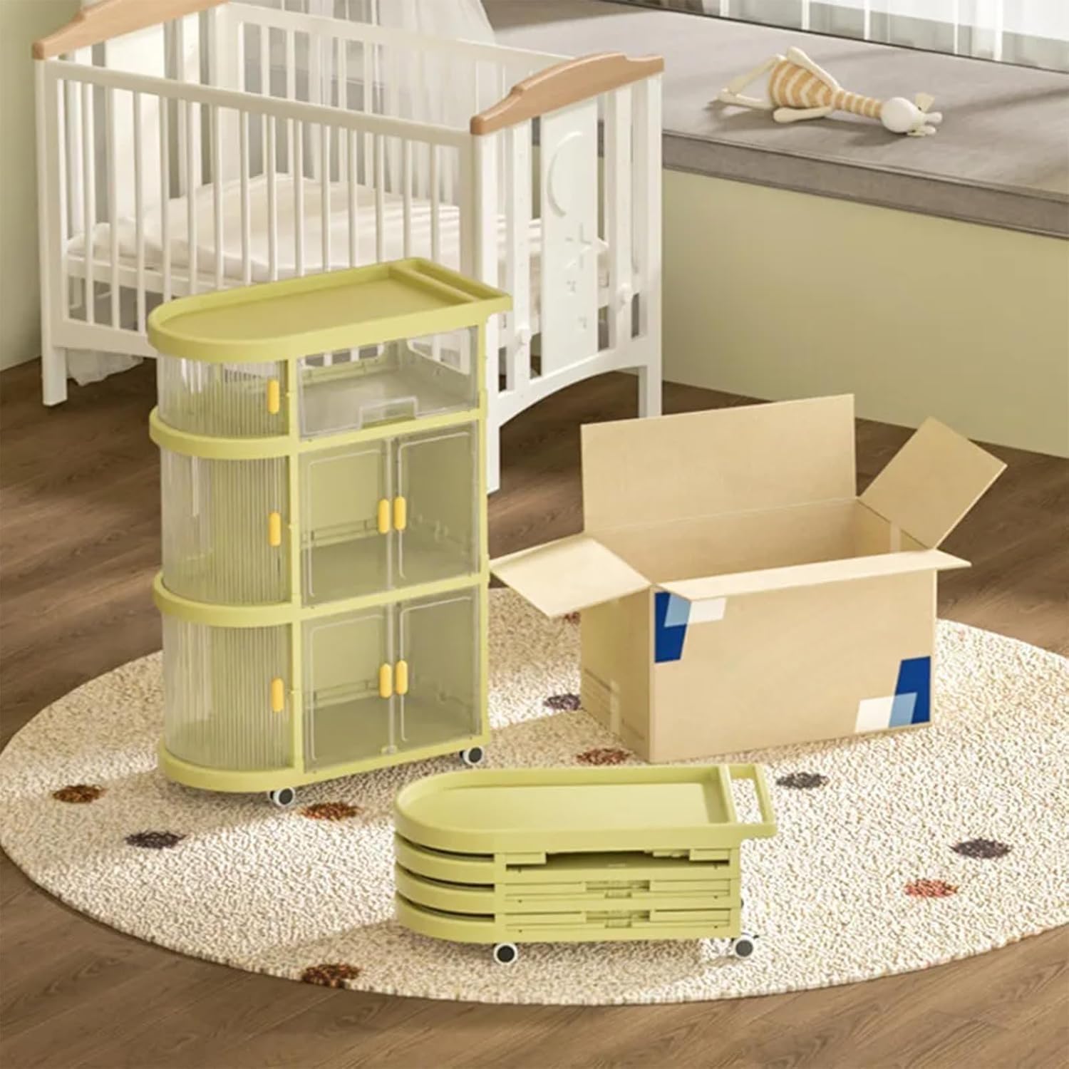 Baby supplies stroller, foldable multifunctional, movable feeding table storage cabinet, bedside baby organizer cart, small floor-standing bedroom rack(White)