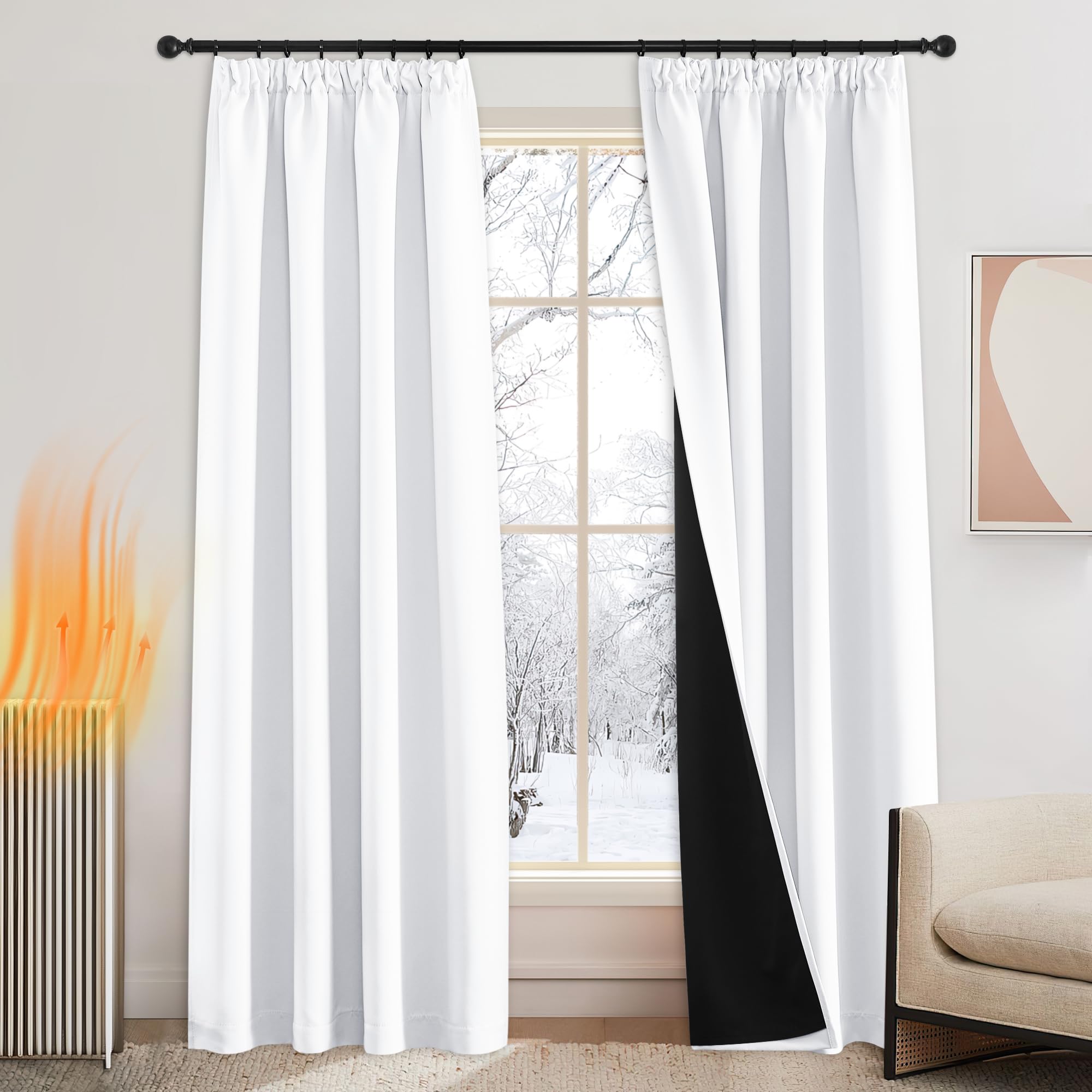PONY DANCE Cortina Blanca Opaca 140x245 CM Cortinas Foscurit Cortinas Aislantes Termicas Frio y Calor Cortinas Salon 2 Piezas 100% Blackout Curtains Cortinas para Riel con Ganchos, Blanco