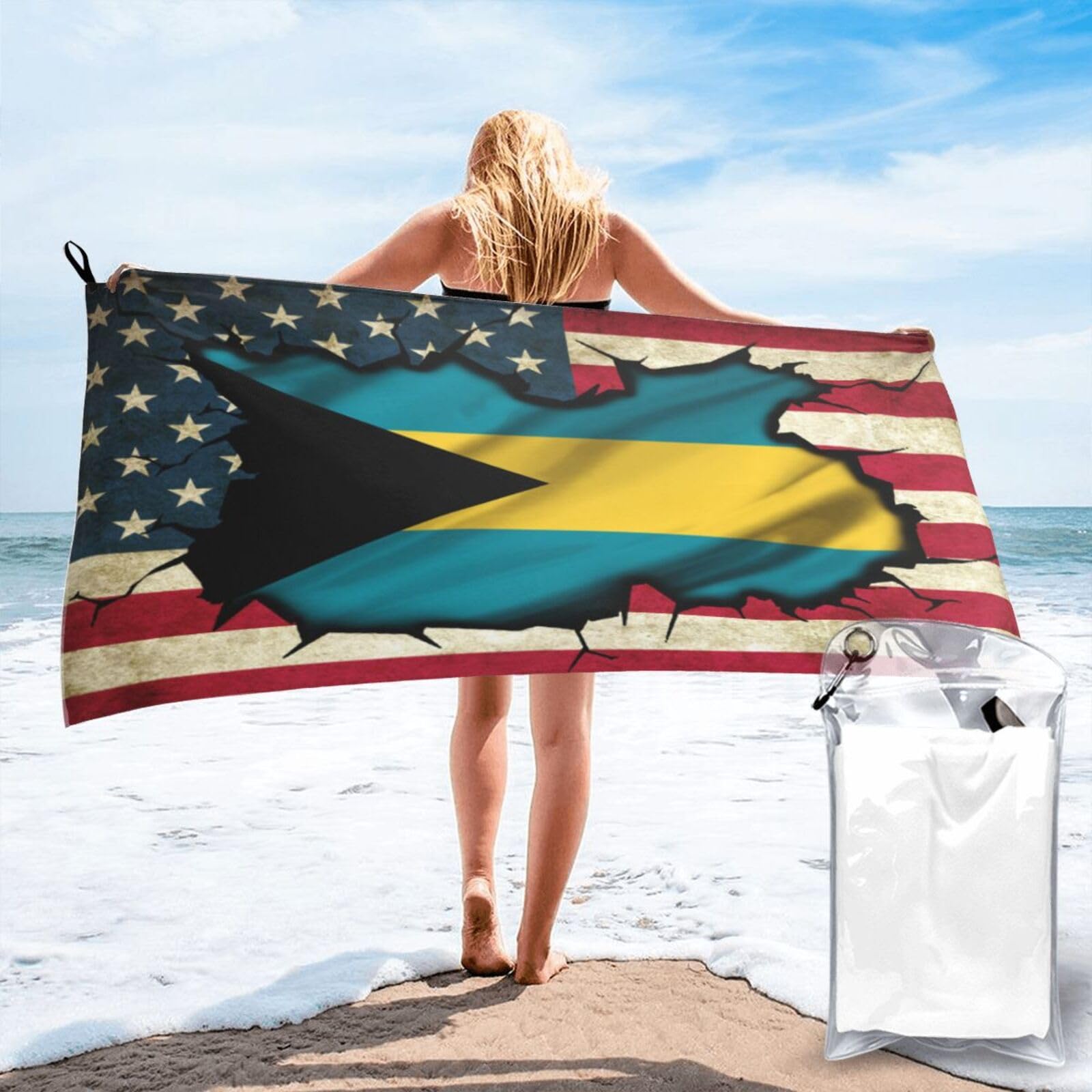 HACXZ Vintage America Flag and Bahamas Flag Absorbent Beach Towel Microfiber Beach Towel Lightweight 27.5"X55"
