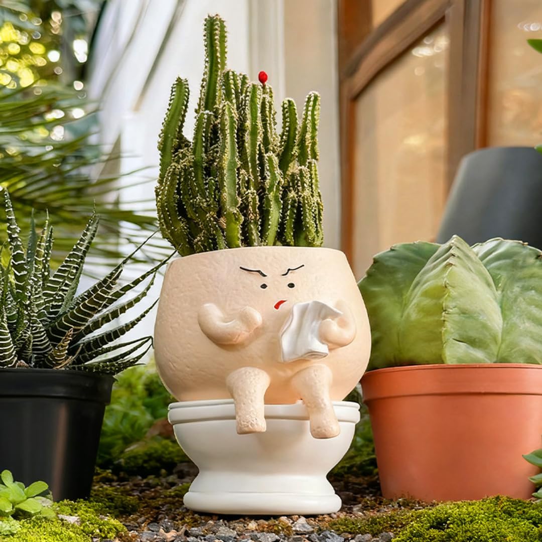 Latemeia Face Planter, Funny Toilet Planter Pot with Cute Head Cute Plant Pot for Home & Office Desk Quirky Head Decor, Face