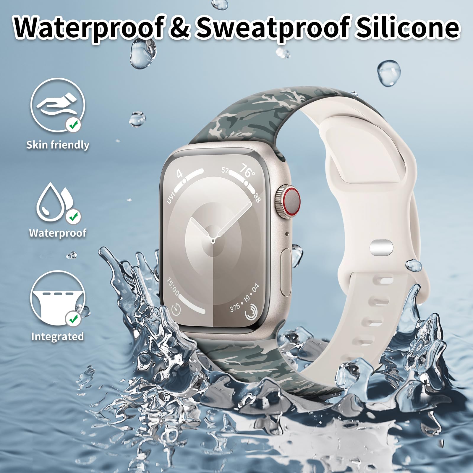 Correa de reloj de camuflaje compatible con Apple Watch 38mm, 40mm, 41mm, 42mm, 44mm, 45mm para hombres y mujeres, correa de repuesto de silicona suave ajustable para iWatch Series 7 6, 5, 4 3 2