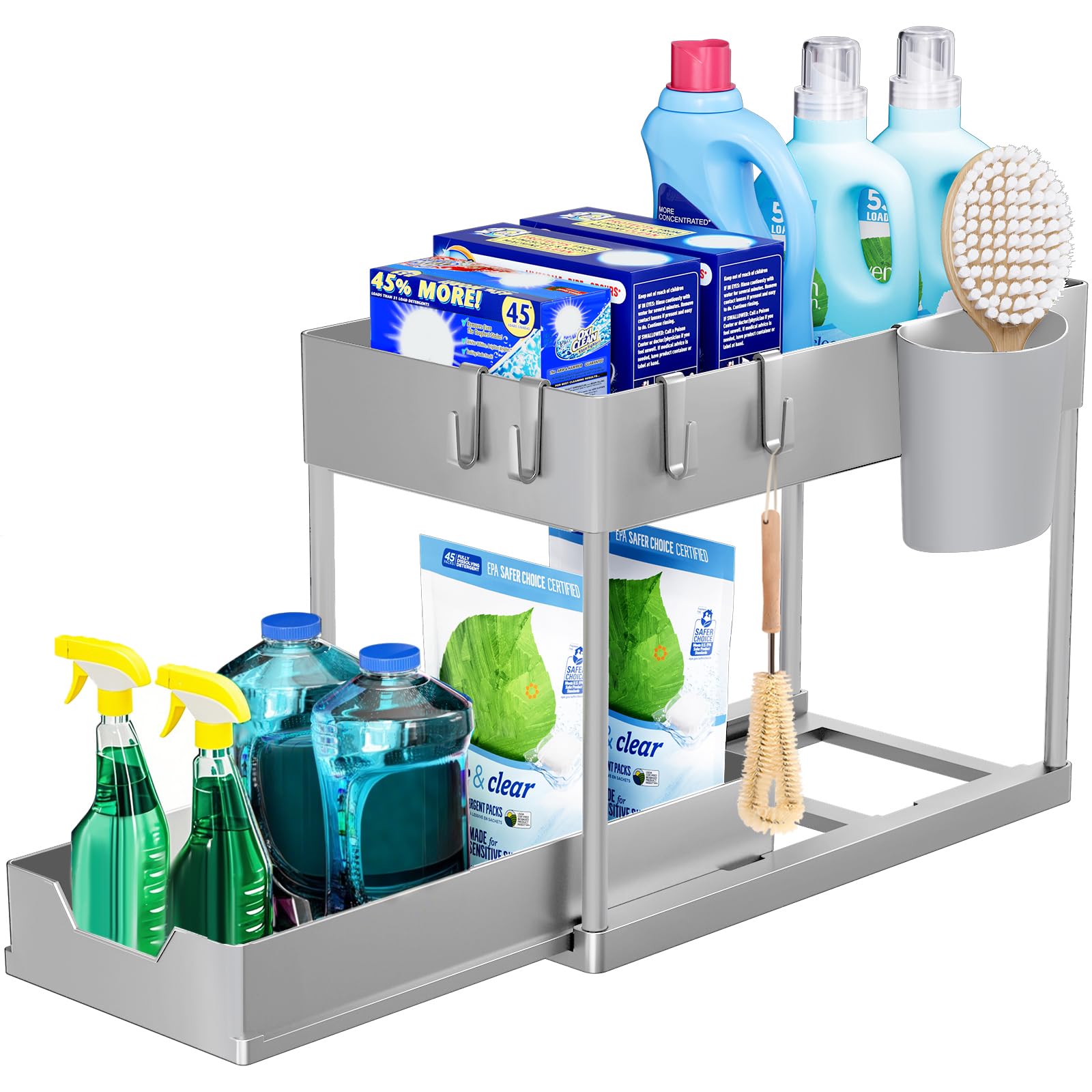 Puricon Organizer Sottolavello Cucina a 2 Livelli, Organizzatore Sottolavello Cucina Estraibile, Sottolavello Cucina Salvaspazio Multiuso Porta Detersivi Sottolavello Organizer per Cucina Bagno-Grigio