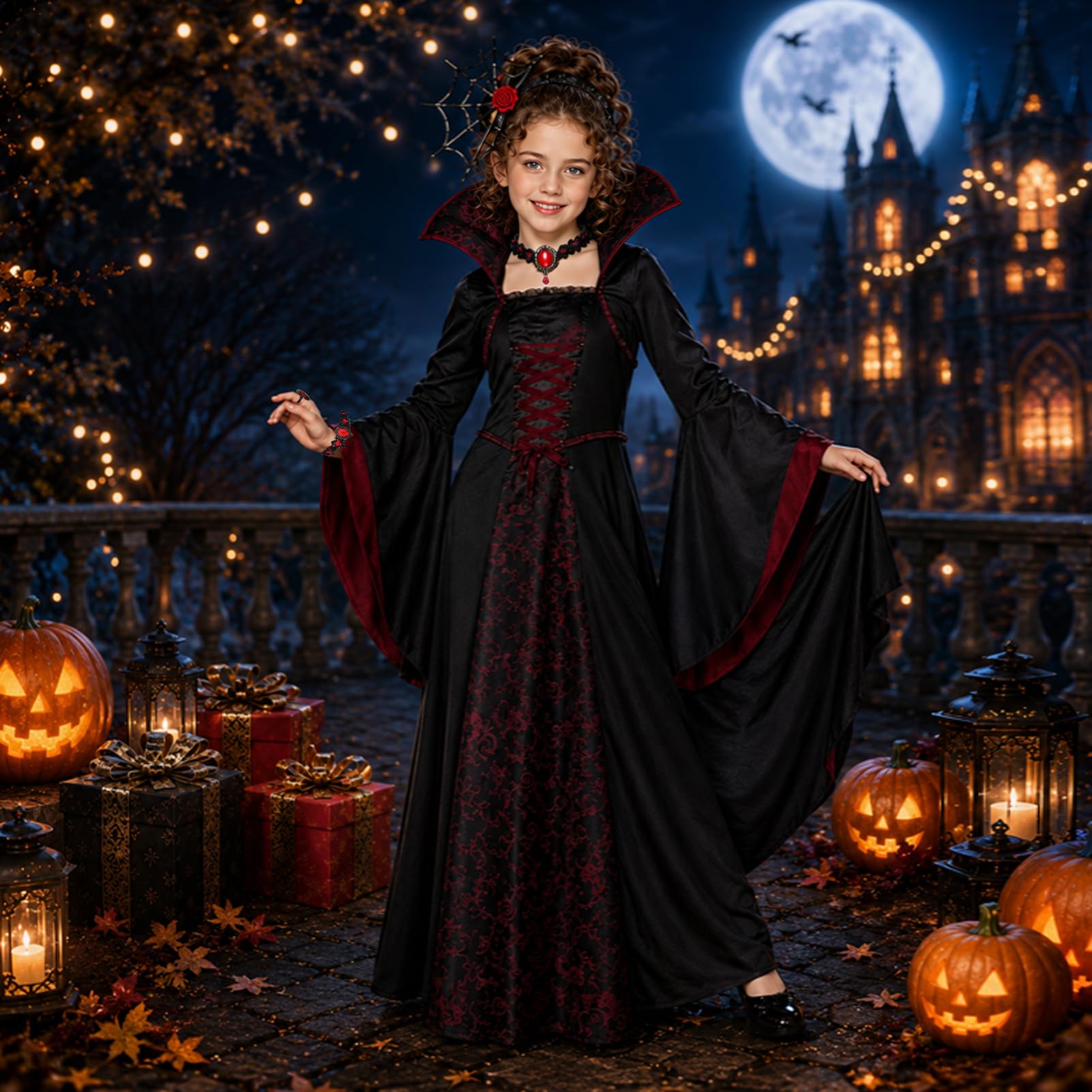 Mädchen Gothic Vampirkostüm Umhang 3-5 5-8 8-12 Gruseliges HalloweenCosplay
