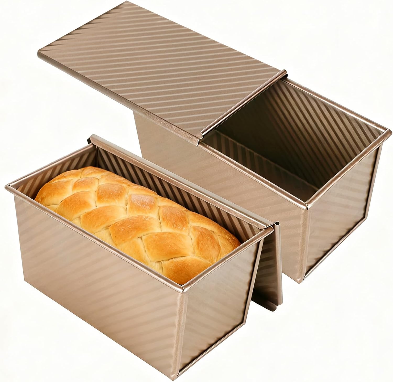 Pullman Loaf Pan with Lid 2 Pack, 8x4 Inch 1LB Nonstick Carbon Steel Bread Pans, Gold Corrugated Sandwich Bread Baking Pan for Toast, Sourdough, Homemade Bread