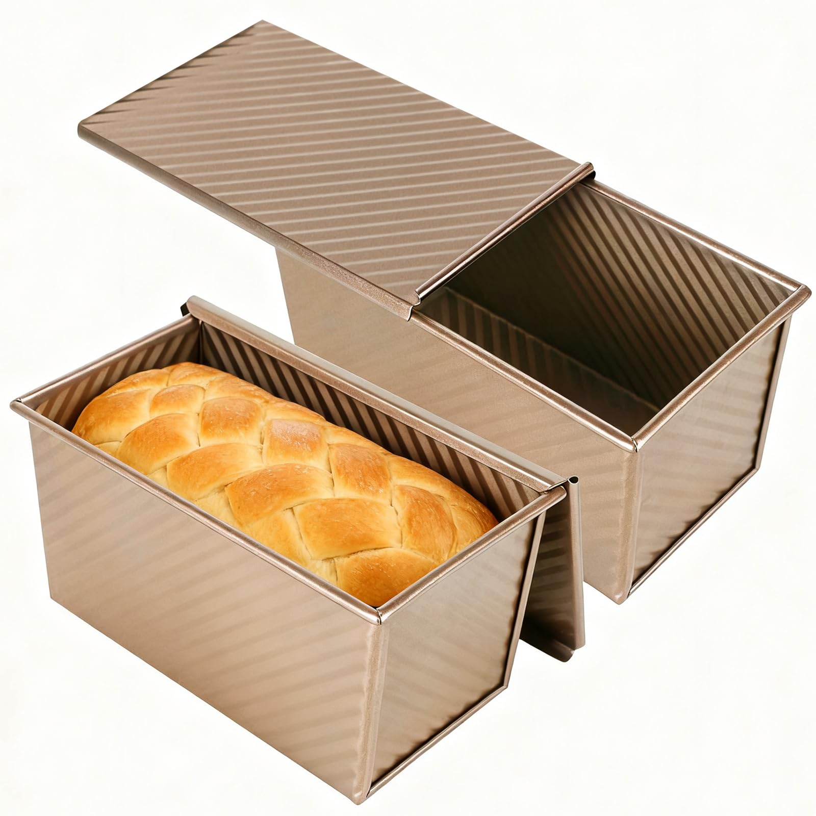 Pullman - Juego de 2 moldes con tapa, 22 cm, color dorado, antiadherente, orificios de ventilación, acero al carbono, perfecto para hornear pan en el horno