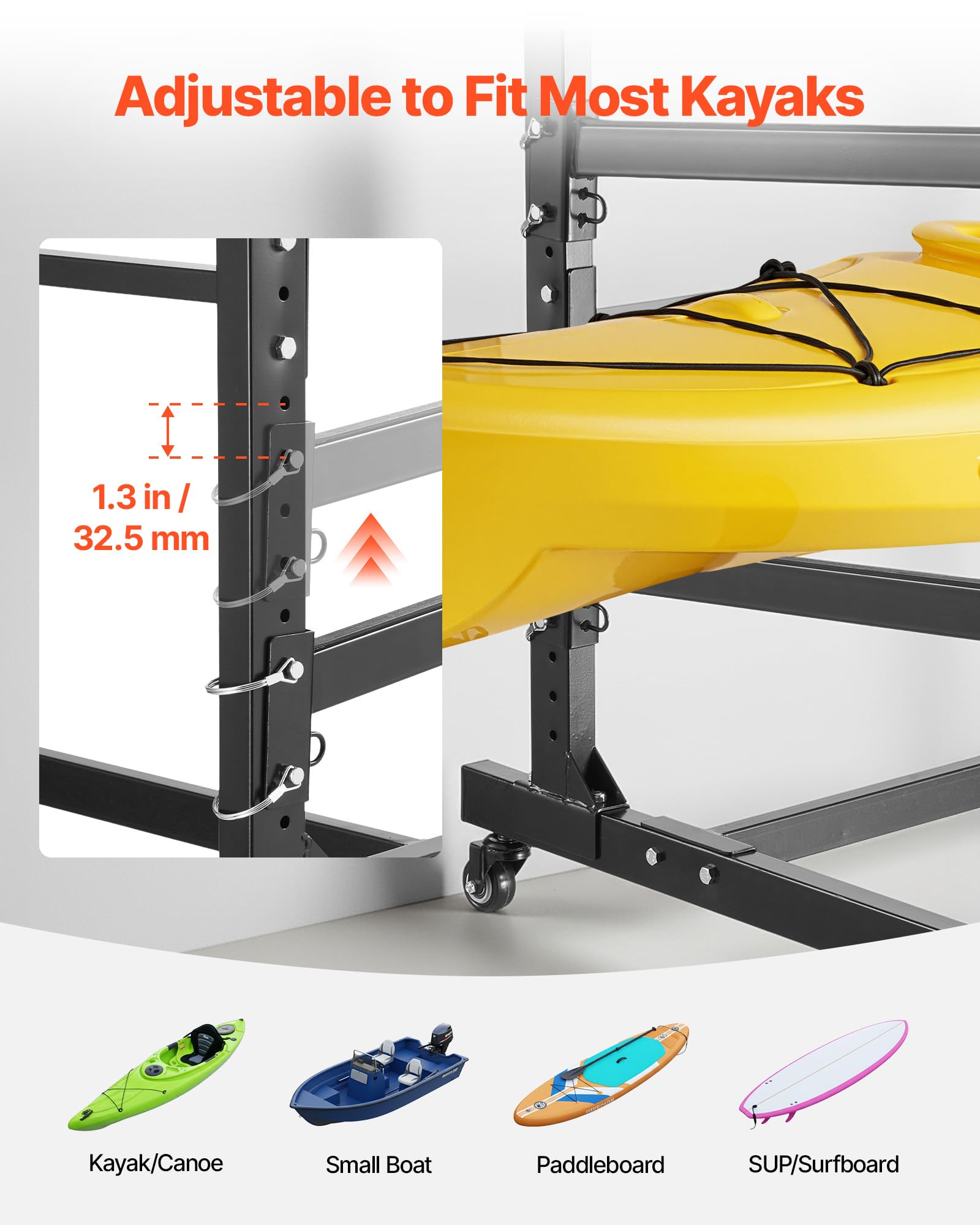 VEVOR Freistehendes Kajak-Aufbewahrungsregal für 2 Kajaks/Kanus/Surfbretter/Paddleboards, Kajakständer mit Feststellbaren Rollen für den Außen- und Innenbereich, Einstellbarer Kajakhalter 80 kg