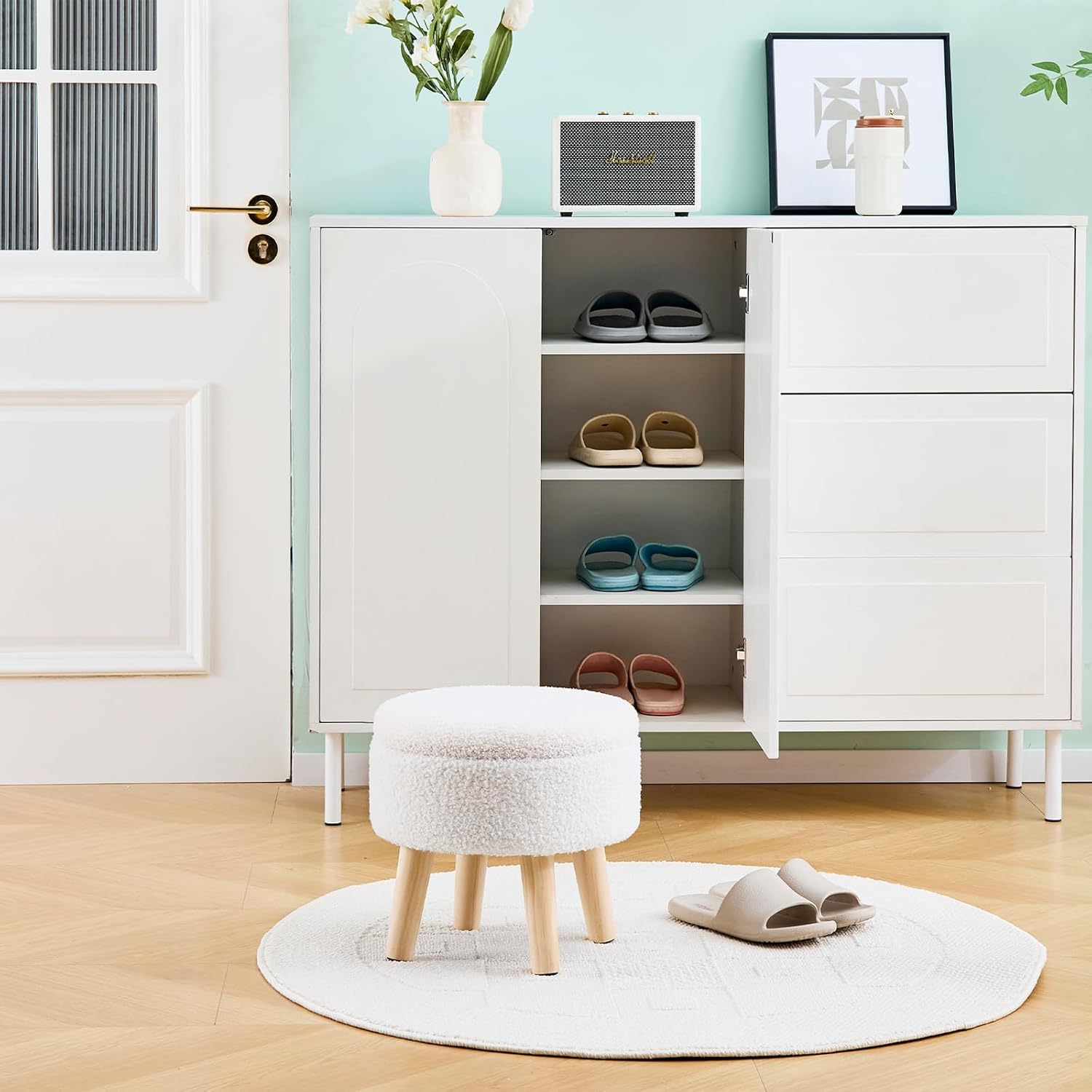 Mxfurhawa Versatile Storage Ottoman, Round Footstool with Soft Padded Seat, Small End Table with 4 Wood Legs, Teddy Velvet Foot Rest for Couch,Shoe Changing Stool for Living Room (Cream)
