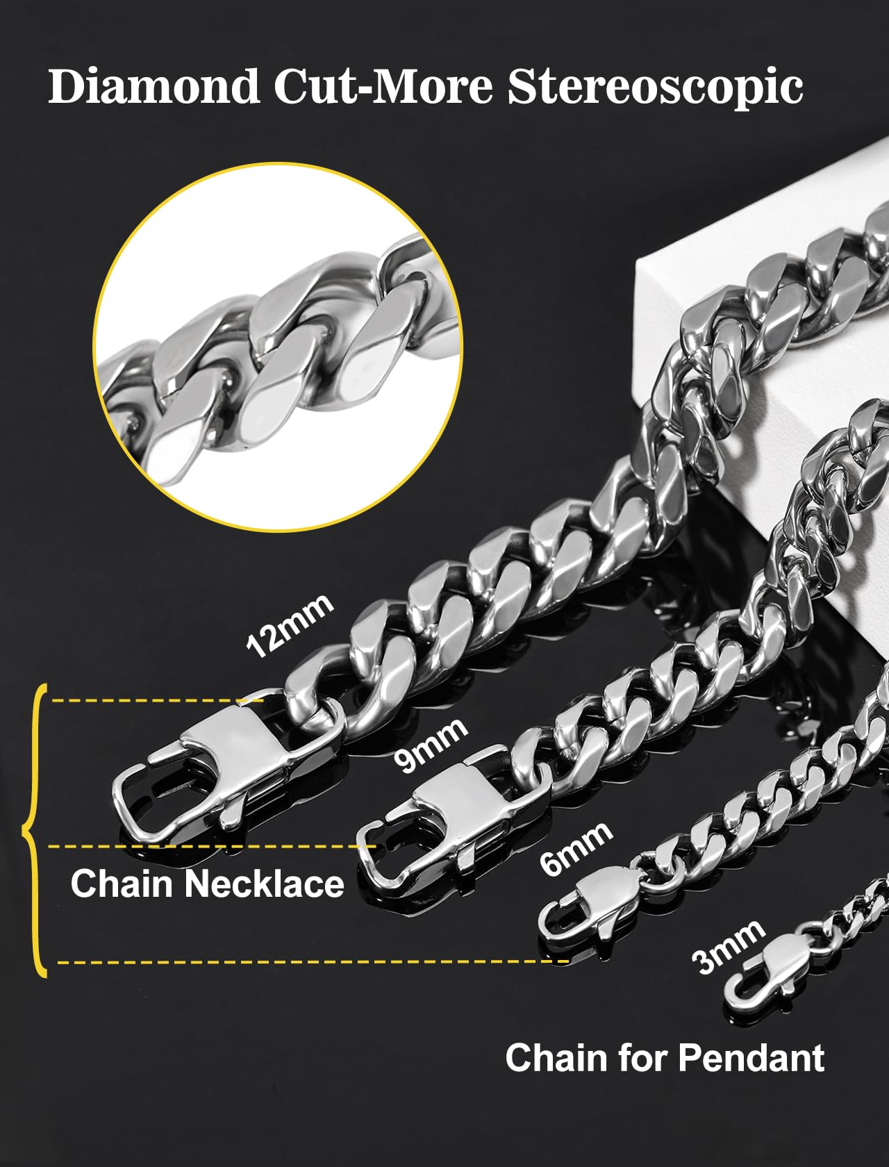Collana Uomo Acciaio Inossidabile Collane Cubana Argento Catena Donna Sottile/Grosse 3/6/9/12 mm Girocollo Catena Womo Inox Ragazzo Punk Hip Hop Rapper Catenina 45/50/55/60/65/70/75 cm