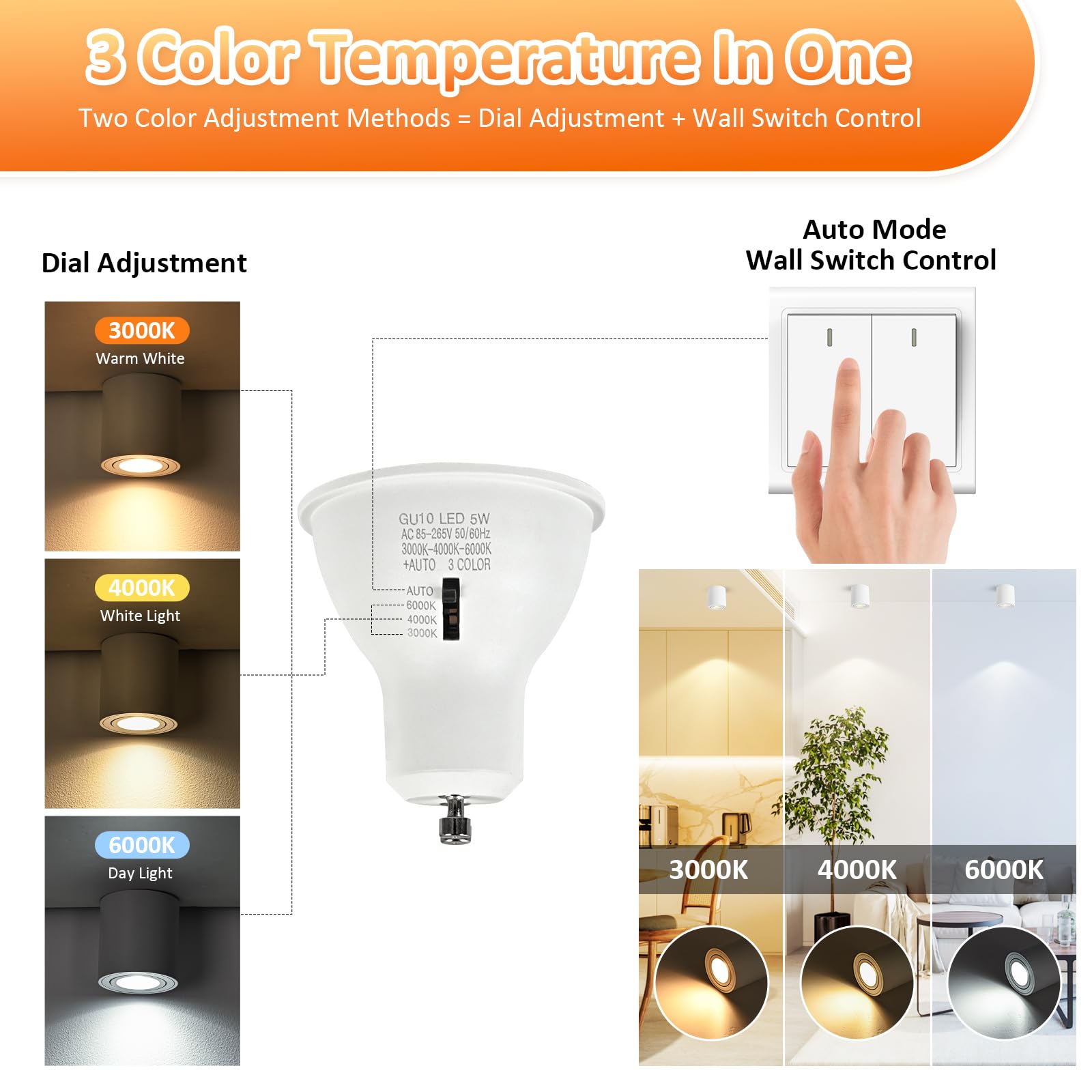 Focos LED Interior Techo Blanco, Foco Techo Orientable 5W GU10 3000K Cálido/ 4000K Natural/ 6000K Frio, Focos Superficie Aluminio, Aplique Techo 230V, Downlight LED Superficie Ø80x84mm